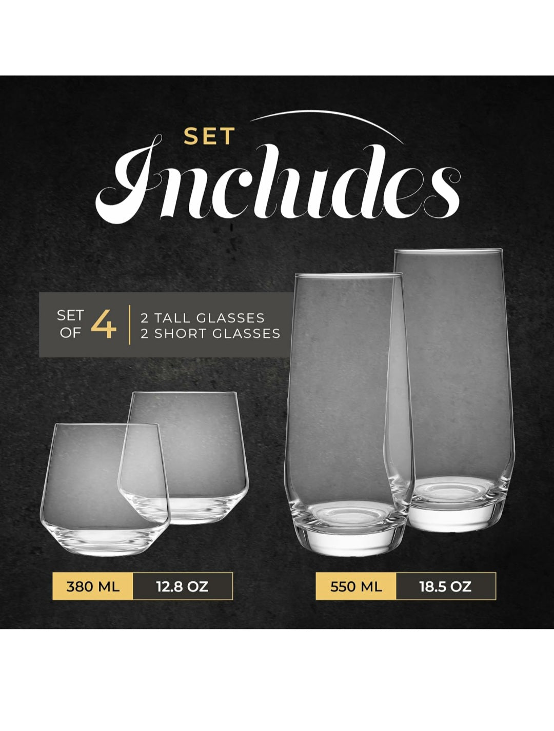 Kitchen Lux Glassware Set of 4 Two Tall Two Short