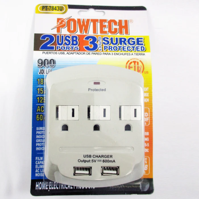 Powtech 3 Outlet Surge Protector with 2 USB Ports