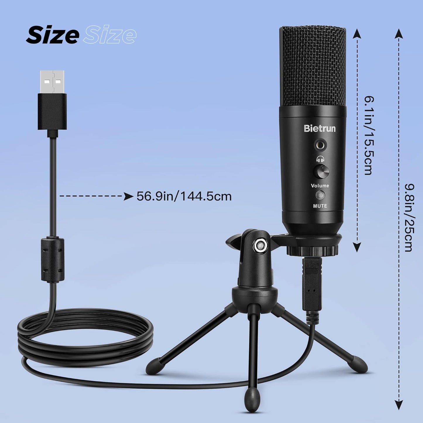Bietrun USB Microphone with Stand and Headphones Input