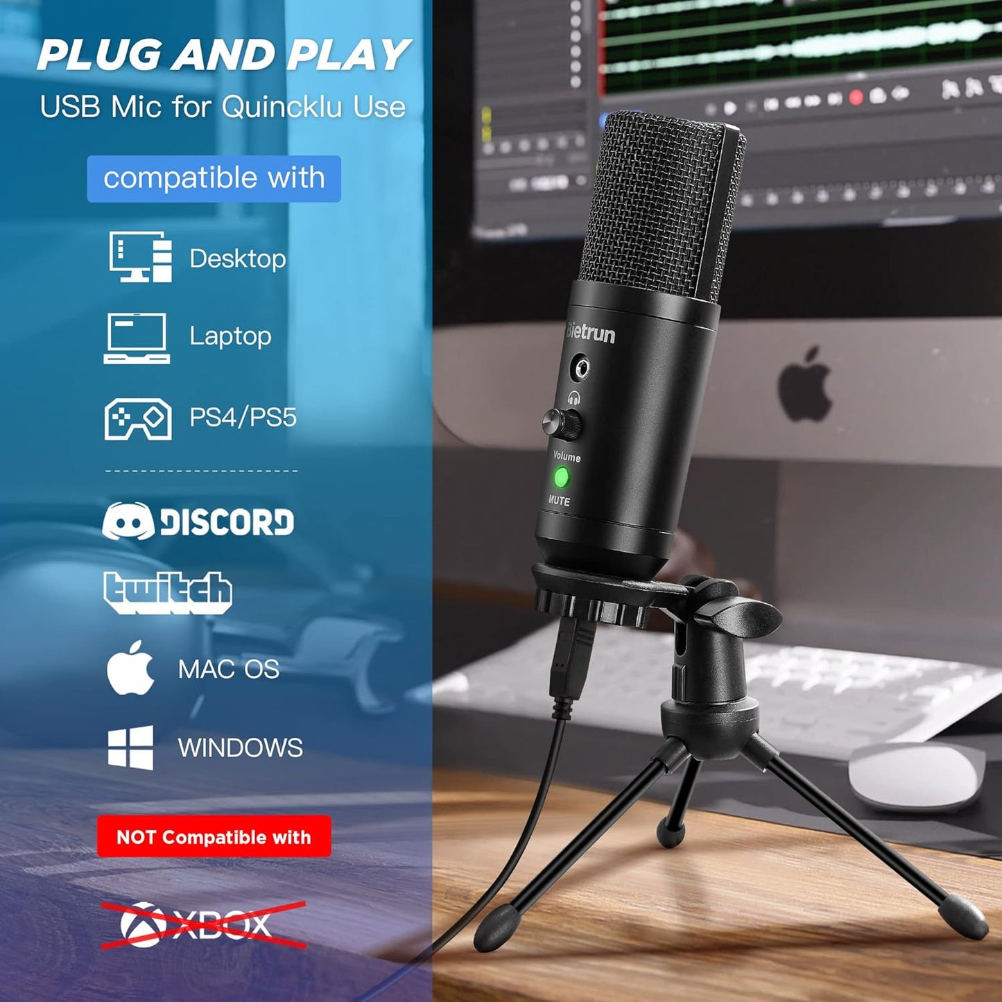 Bietrun USB Microphone with Stand and Headphones Input
