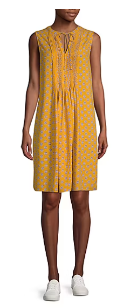 St John's Bay Womens Yellow Pintuck Sleeveless Shift Dress Gold Stamp Women's Large